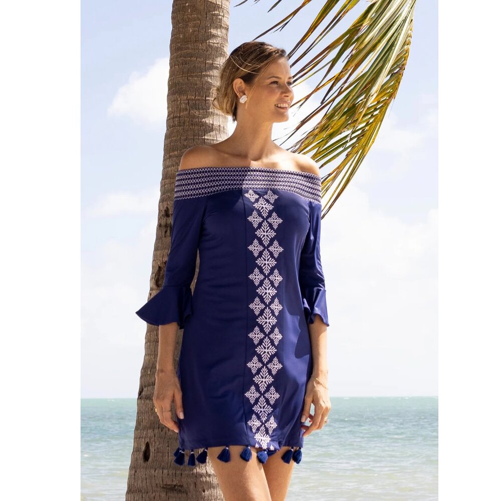 CABANA LIFE/Navy Embroidered Off The Shoulder Mini Dress Coverluxe Smocked Med - Picture 2 of 14